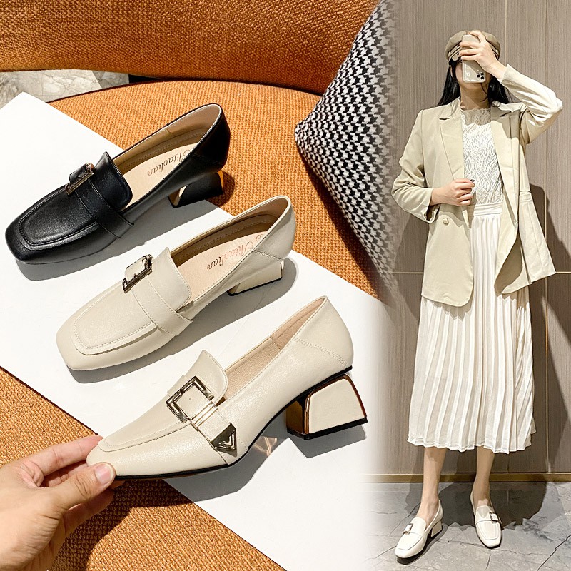 Giày cao gót 5cm mũi vuông màu đen phong cách Anh quốc
