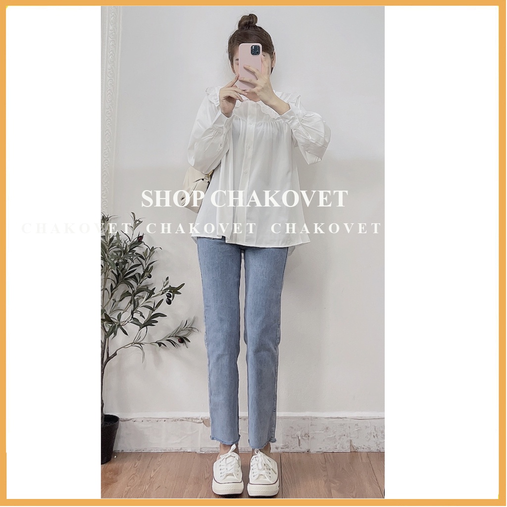 Áo sơ mi nữ tay dài form rộng CKA885, kiểu áo babydoll trắng tiểu thư thiết kế cổ bèo viền ren đẹp phong cách hàn quốc | BigBuy360 - bigbuy360.vn