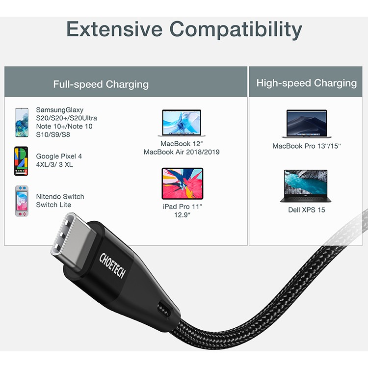 Bộ Củ Sạc CHOETECH PD 3.0 38W PD5002-W + Cáp Nylon USB Type C to C Dài 1.2M Sạc Nhanh 60W XCC-1003 - Hàng Chính Hãng