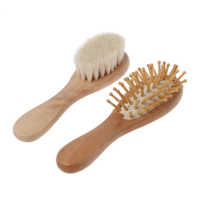 [Hàng mới về] Set 2 dụng cụ gồm bàn chải lông mềm và lược chải massage bằng gỗ cho trẻ sơ sinh