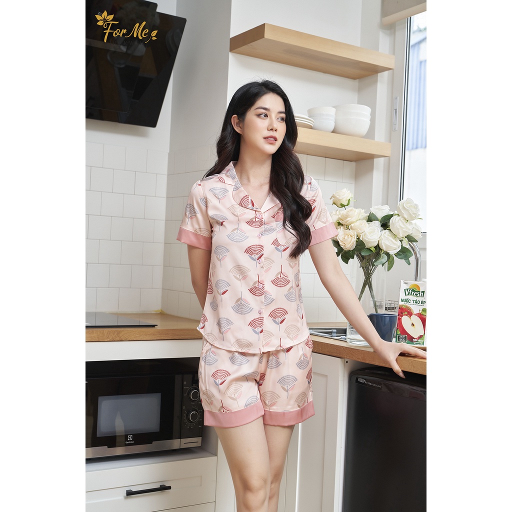 Bộ mặc nhà lụa giấy Luxury cao cấp dáng đùi họa tiết Hoa Rẻ Quạt 09, forme pijamas