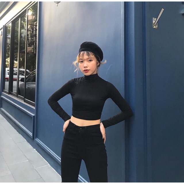 ÁO CROP CỔ CAO TAY DÀI(FREESIZE)-AC009