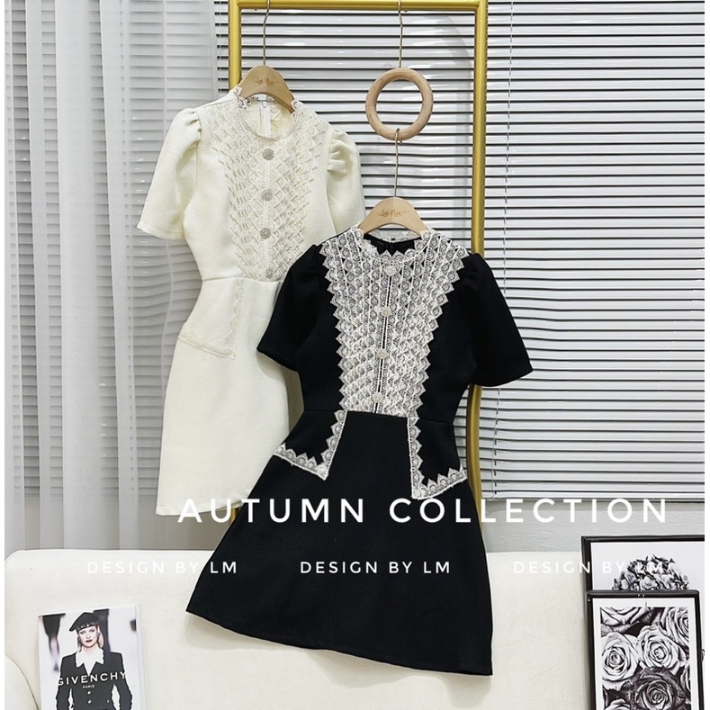 Váy dạ tweed phối ren cổ