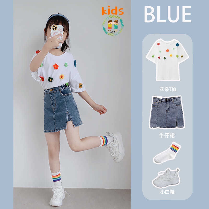 Bộ Áo Thun Tay Ngắn + Chân Váy Denim In Hoa Thời Trang Mùa Hè 2022 Mới Cho Bé Gái 3-5 - 8-10 - 12-13 - 15