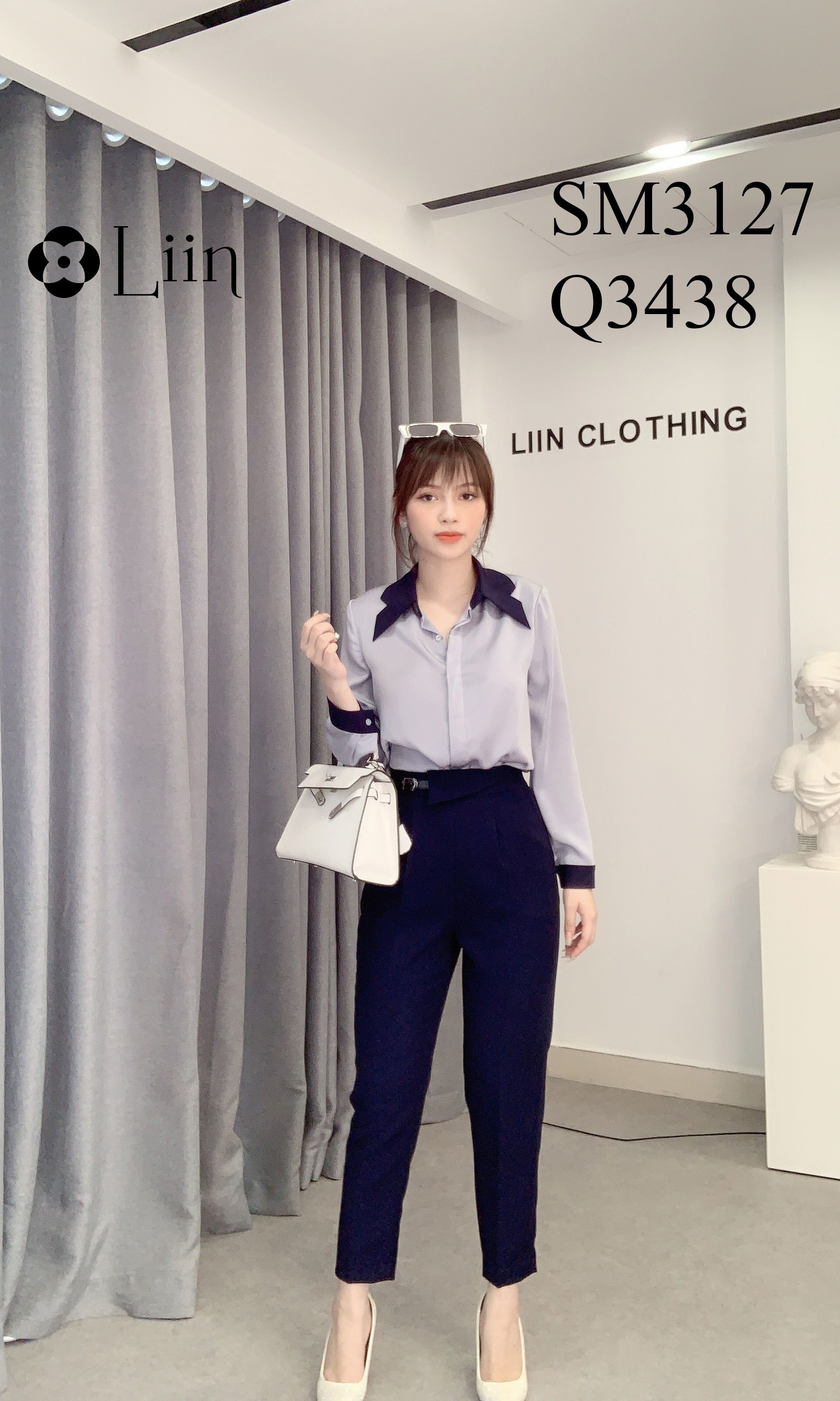 Áo sơ mi nữ cao cấp màu Ghi kết hợp Cổ Đen sành điệu Liin Clothing SM3127