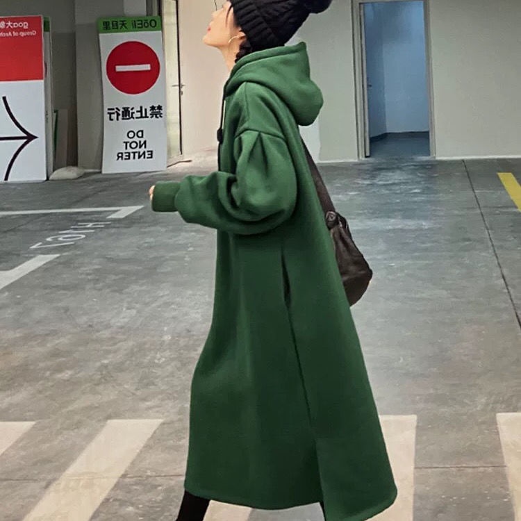 Đầm hoodie tay dài dáng rộng vải nhung dày dặn giữ ấm phong cách thời trang thu đông cho nữ