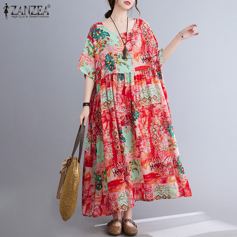 Đầm Maxi Retro ZANZEA Tay Dài In Họa Tiết Vintage Cho Nữ Mặc Thường Ngày