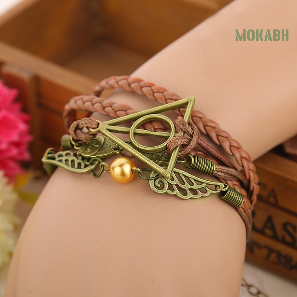 Vòng Tay Bện Dây Da Nhân Tạo Nhiều Lớp Phong Cách Harry P-otter Deathly Hallows