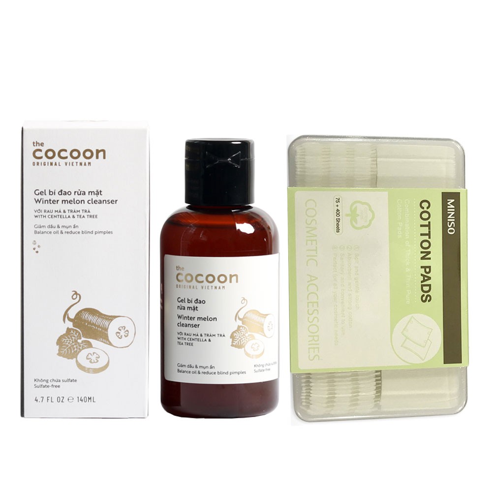 Bộ Nước bí đao dưỡng ẩm Cocoon 140ml + hộp 1000 miếng Bông tẩy trang