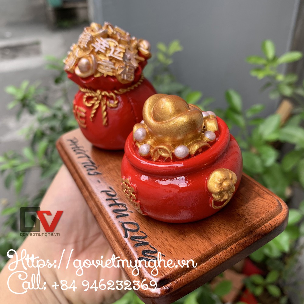 2 tượng bao tiền phong thủy chiêu cầu tài lộc kèm đế gỗ - Chiều Cao 7cm