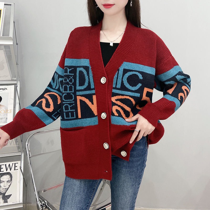 Áo Khoác Len Cardigan Phăng Chữ Phối Màu Cổ V Cài Khuy Tay Dài