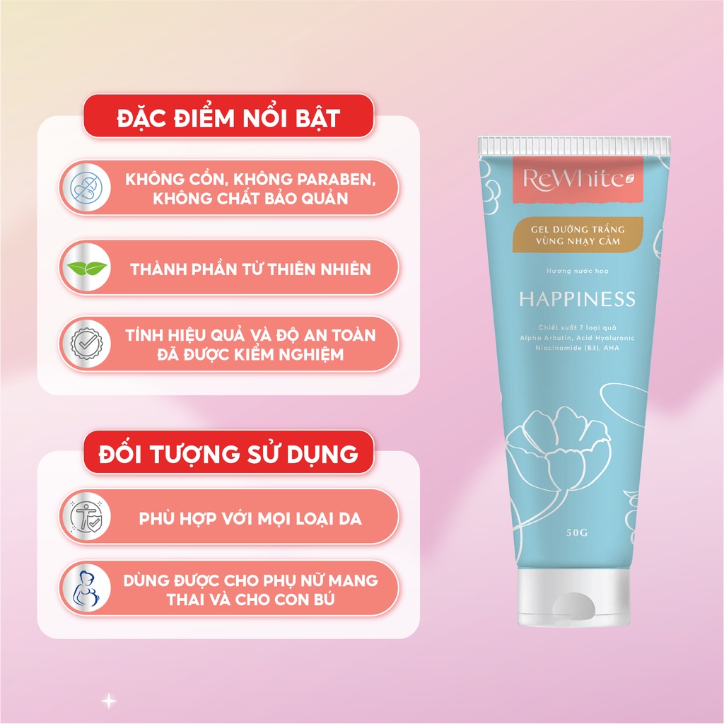 Combo Rewhitez Tẩy Tế Bào Chết Và Gel Dưỡng Trắng Giảm Thâm Vùng Kín, Nách, Mông, Hương Nước Hoa Happiness 50g/Tuýp