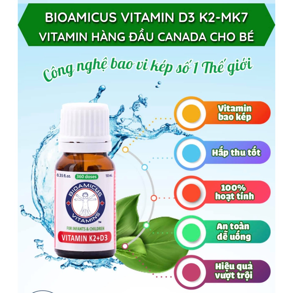 Vitamin D3K2 MK7 BioAmicus Bao Kép 10ml, giúp tăng cường hấp thu canxi cho bé, chống còi xương ,tăng chiều cao_Chính hãn
