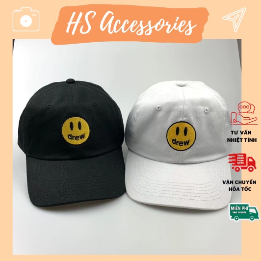Mũ lưỡi trai nam nữ thêu hình mặt cười Drew, nón kết chất kaki cotton cao cấp hai màu đen, trắng - B04