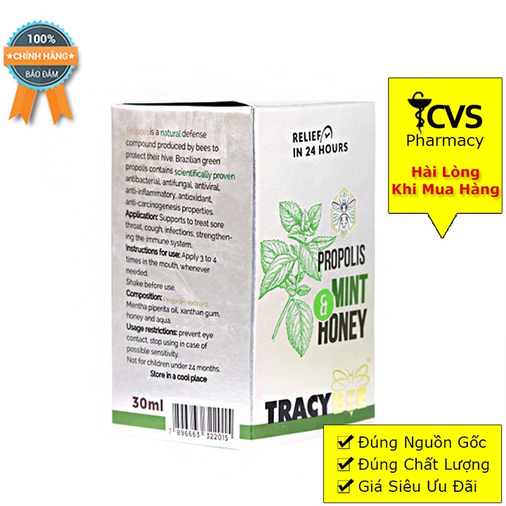 Keo Ong Xịt Giảm Viêm Họng Vị Bạc Hà Propolis Mint &amp; Honey 30ml (Tracybee)