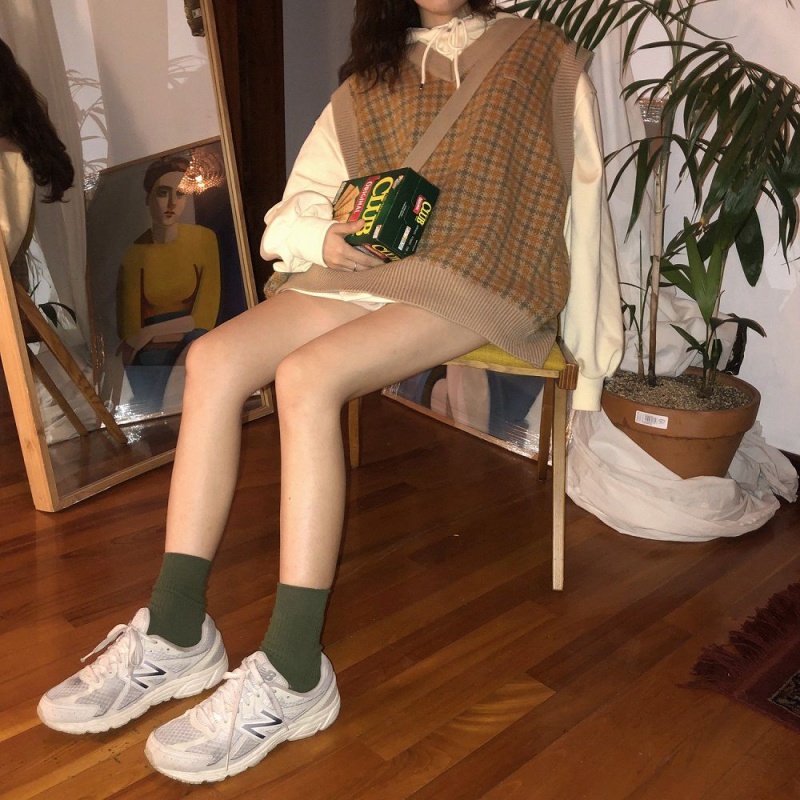 Áo khoác dệt kim Pure Cube cổ chữ V dáng rộng họa tiết sọc caro thời trang cho nữ