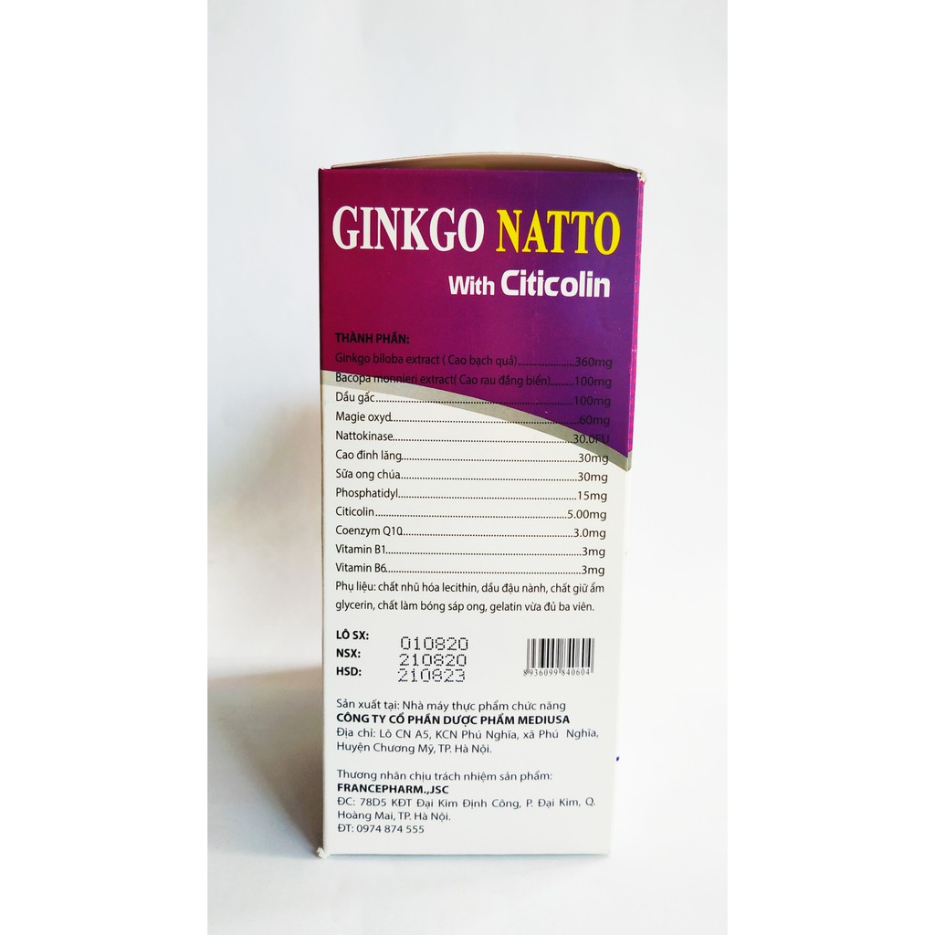 HOẠT HUYẾT DƯỠNG NÃO GINKGO NATTO WITH CITICLIN COENZYM Q10 - CẢI THIỆN MẤT NGỦ, ĐAU NỬA ĐẦU, RỐI LOẠN TIỀN ĐÌNH - 100V