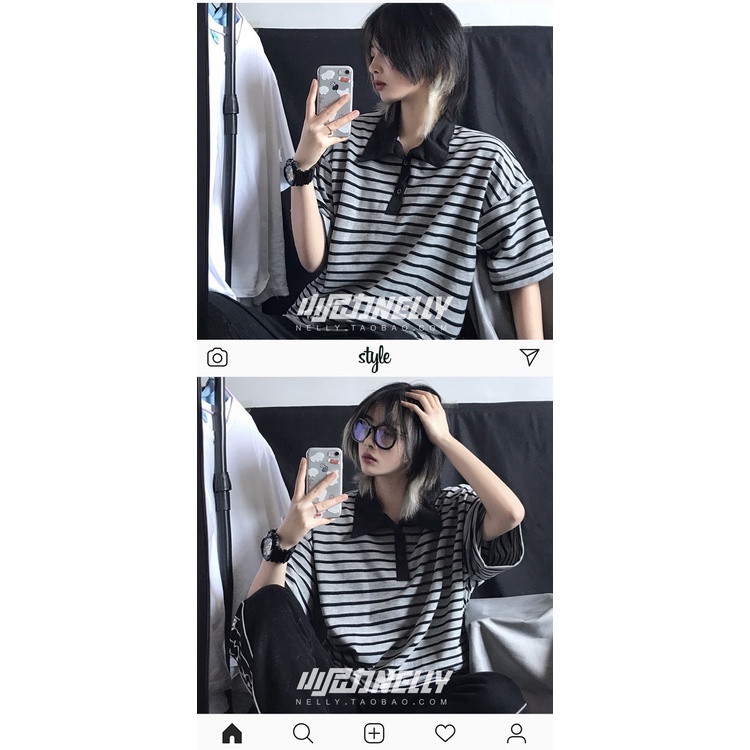 Áo Polo Unisex Nam Nữ Kẻ Sọc Tay Lỡ Form Rộng
