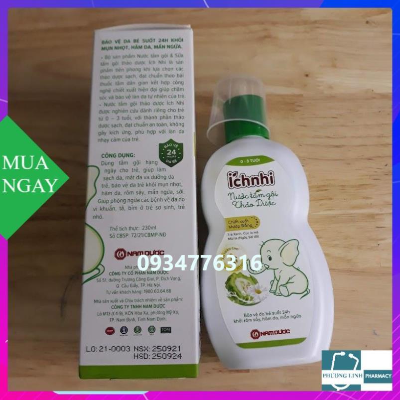 Nước tắm gội thảo dược Ích Nhi chai 230ml, giúp hỗ trợ ngừa rôm sẩy, mụn sữa, hăm tã,…