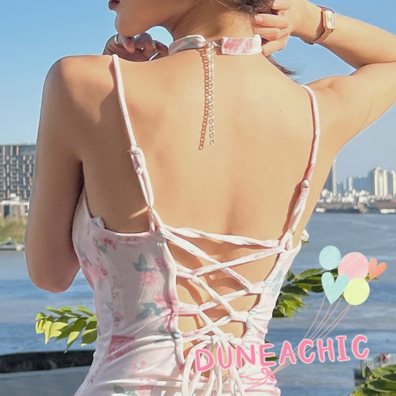 DUNEA Đầm Hai Dây Hở Lưng Họa Tiết Hoa Xinh Xắn Cho Nữ