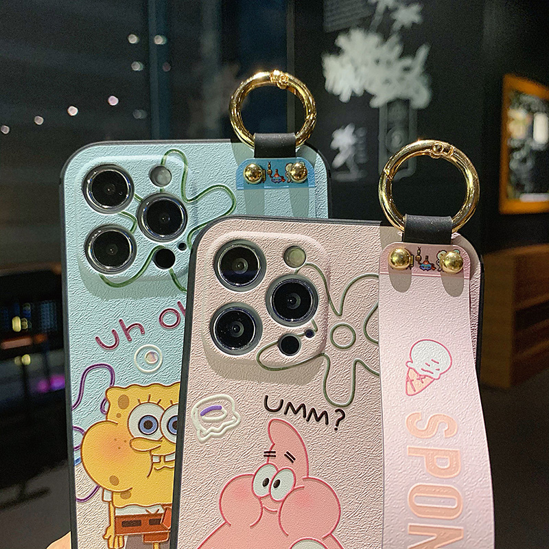 Samsung Galaxy S8 S9 S10 S20 Plus A32 A52 A72 A51 A50 A30S A60 A70 M10 M30 A80 A30 A40 A10S Note 8 9 10 Soft Cartoon SpongeBob Case WIth Wristband