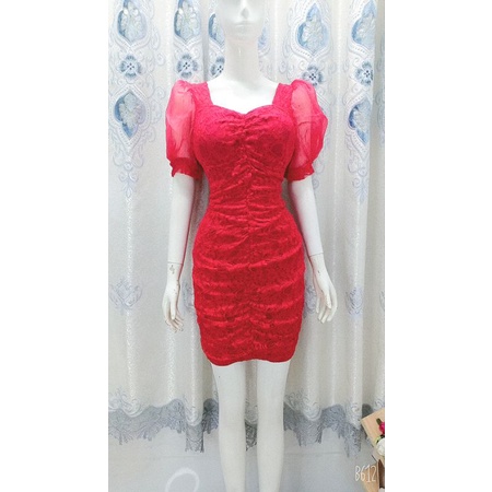 Đầm ôm body ren nhún tay phồng phối voan tơ có mút ngực - Đầm đi tiệc sang trọng