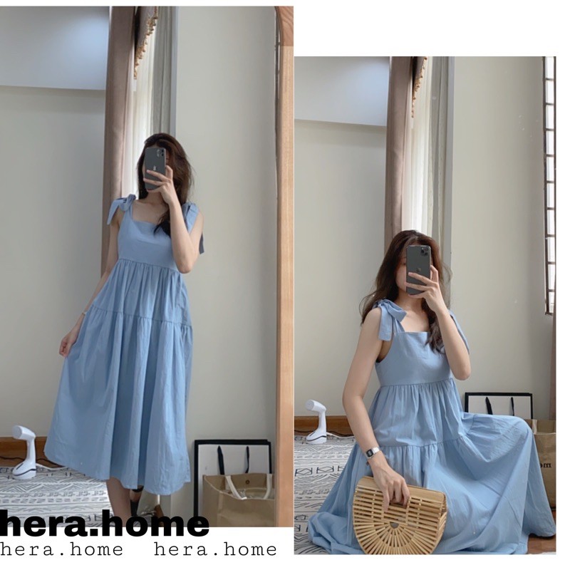 Váy 2 dây buộc nơ dáng babydoll basic nhiều màu