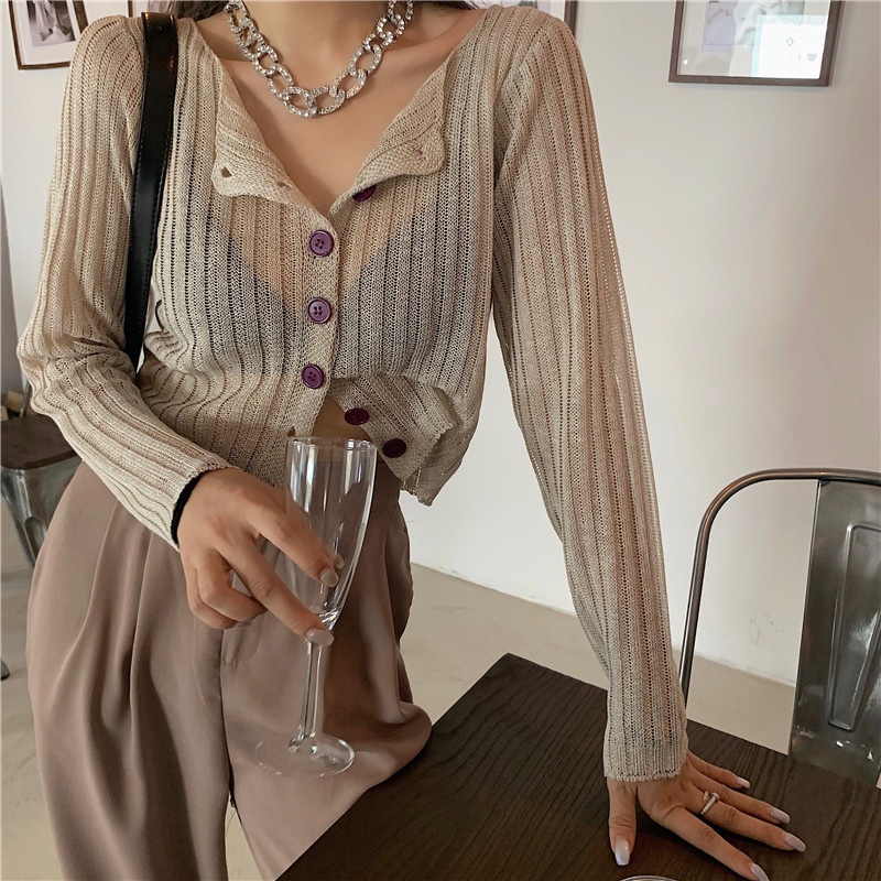 Áo Cardigan Dệt Kim Mỏng Dáng Ôm Phong Cách Hong Kong Cho Nữ