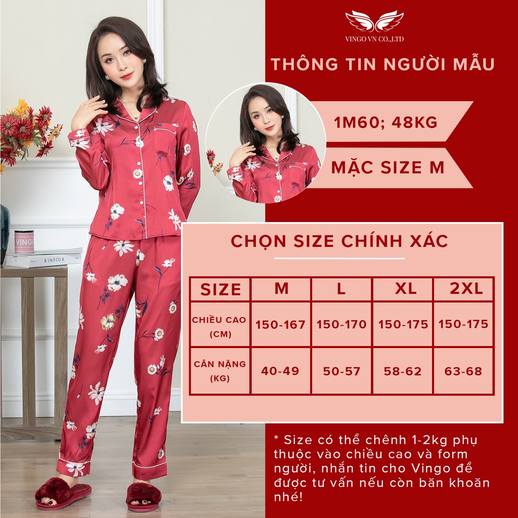 Đồ Bộ Nữ Pijama Mặc Nhà VINGO Chất Liệu Lụa Pháp Cao Cấp Tay Dài Quần Dài Họa Tiết Hoa Đỏ Thanh Lịch H521 VNGO