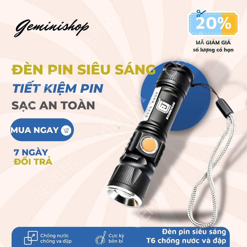 Đèn Pin Siêu Sáng mini T6 Chống Nước Pin Có Thể Sạc tiện dụng