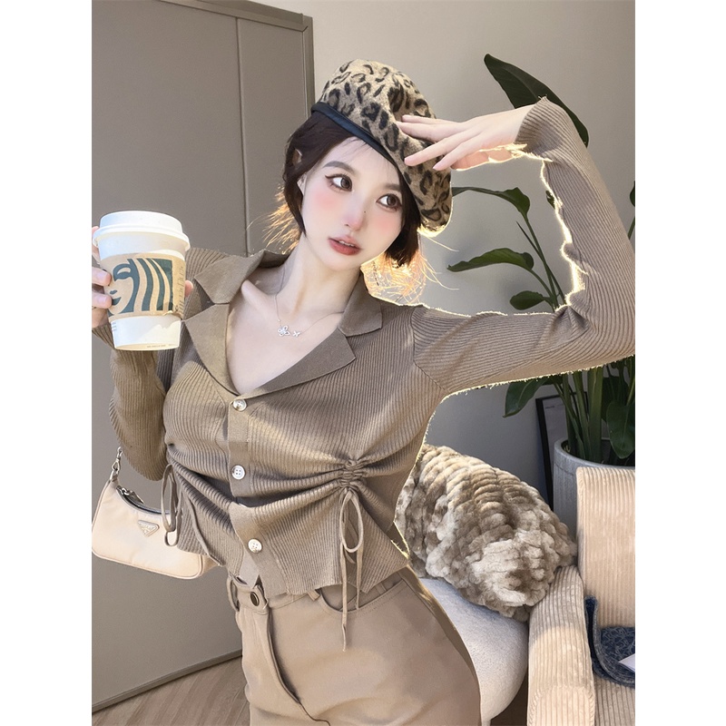 Áo croptop ZHELIHANGFEI dệt kim tay dài cổ polo phối dây rút phong cách trẻ trung thời trang quyến rũ cho nữ