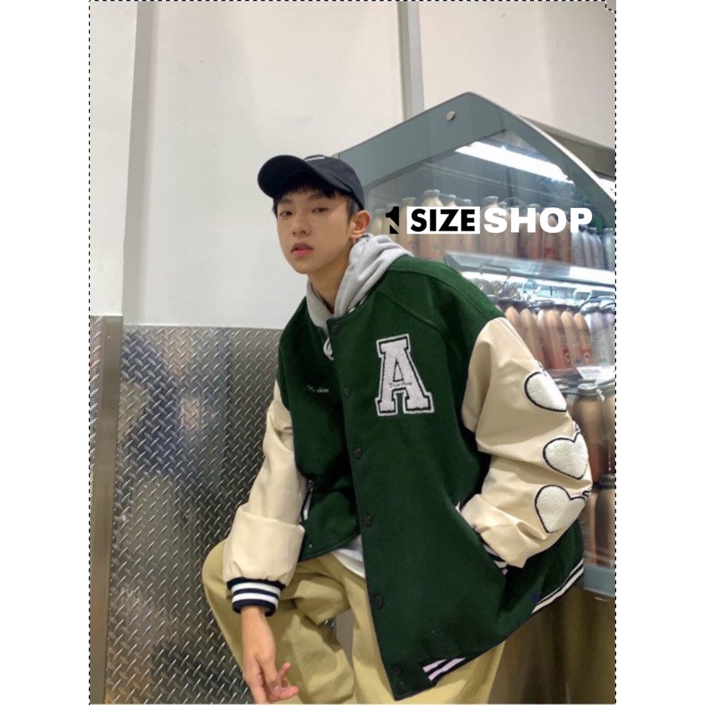 Áo khoác đôi bomber jacket in chữ A tay phối tim form rộng màu xanh lạ thời trang unisex 1sizeshop