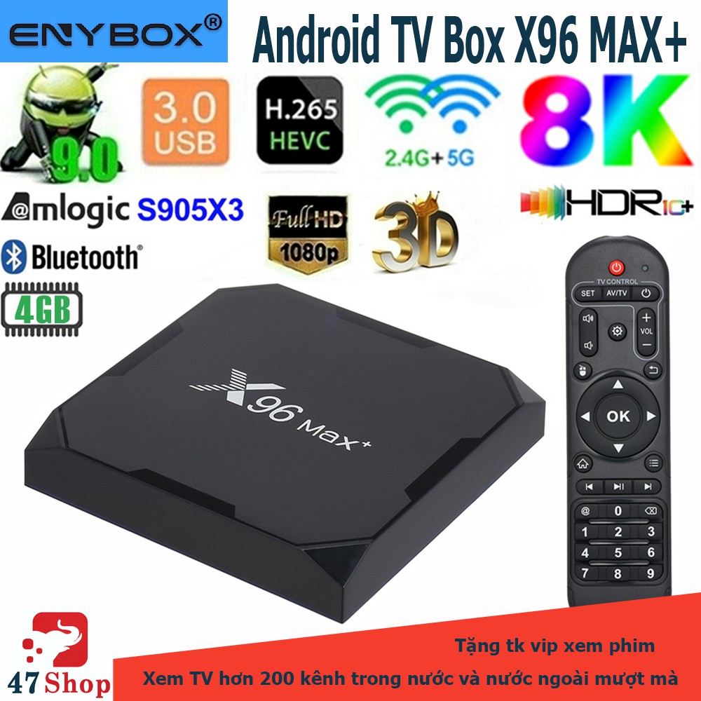 X96 MAX Plus, Android TV 9.0, CPU S905X3, DDR4 4GB, eMMC 32GB, Dual Band WiFi MU-MIMO, LAN Gigabit 1000, Bluetooth 4.1