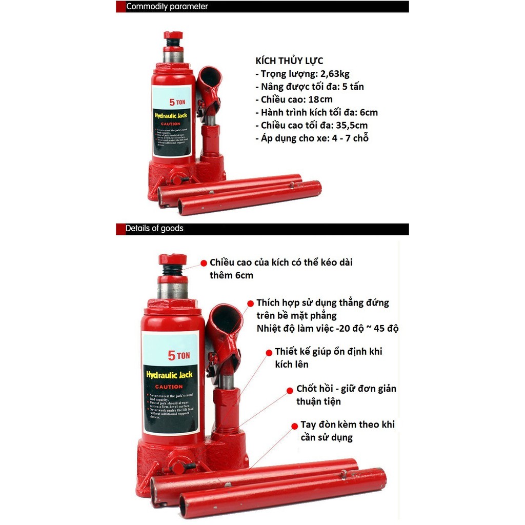 [Mã LIFEAUMAY giảm 10% tối đa 30k đơn 150k] Kích thủy lực 5 tấn hydraulic jack, kích ô tô thích hợp để trong cốp xe