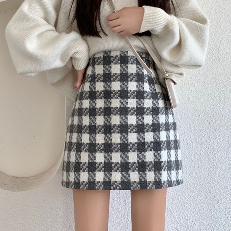 Chân váy len ngắn lưng cao họa tiết sọc caro thời trang xinh xắn dành cho nữ