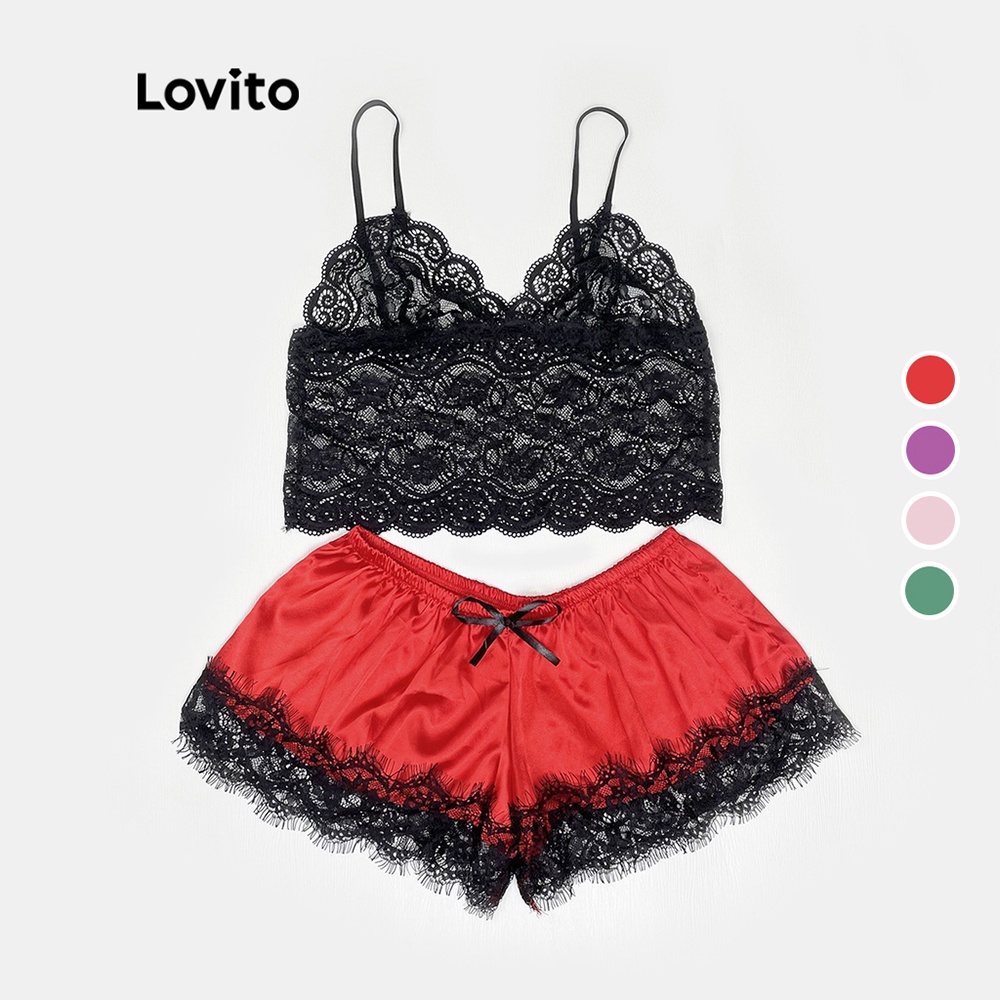 Bộ đồ ngủ Lovito may ren không co giãn dáng ôm gợi cảm l00006 (màu xanh lá / tím / hồng/ đỏ) | BigBuy360 - bigbuy360.vn