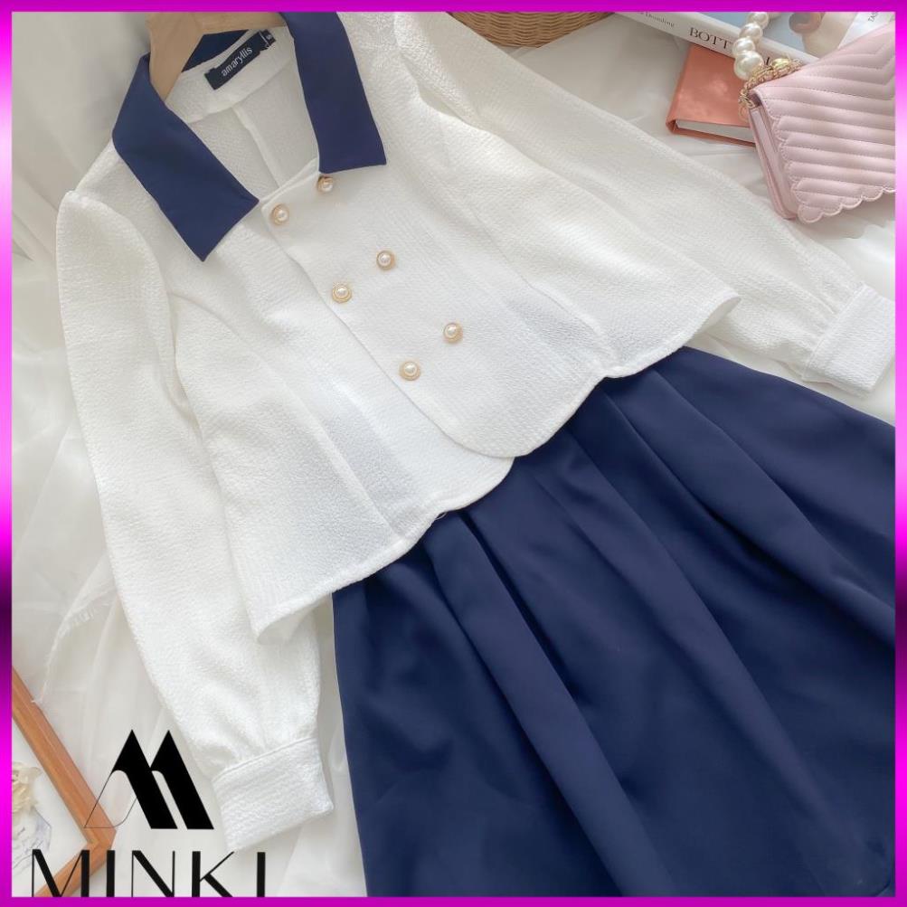 [HÀNG THIẾT KẾ] SET SƠ MI CÚC CHÂN VÁY XANH THAN CỔ ĐIỂN - CHẤT LIỆU CAO CẤP - PHỐI MÀU TRẮNG VÀ XANH ĐEN | BigBuy360 - bigbuy360.vn