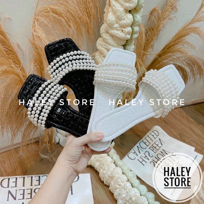 Dép lê đế bệt nữ HALEY STORE mũi vuông da bóng quai ngang đính ngọc xinh hotrend đi chơi đi biển đi trong nhà