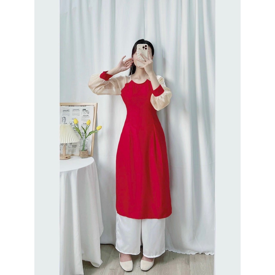 Set áo dài cách tân tay phối màu chất oganza mix quần suông lụa