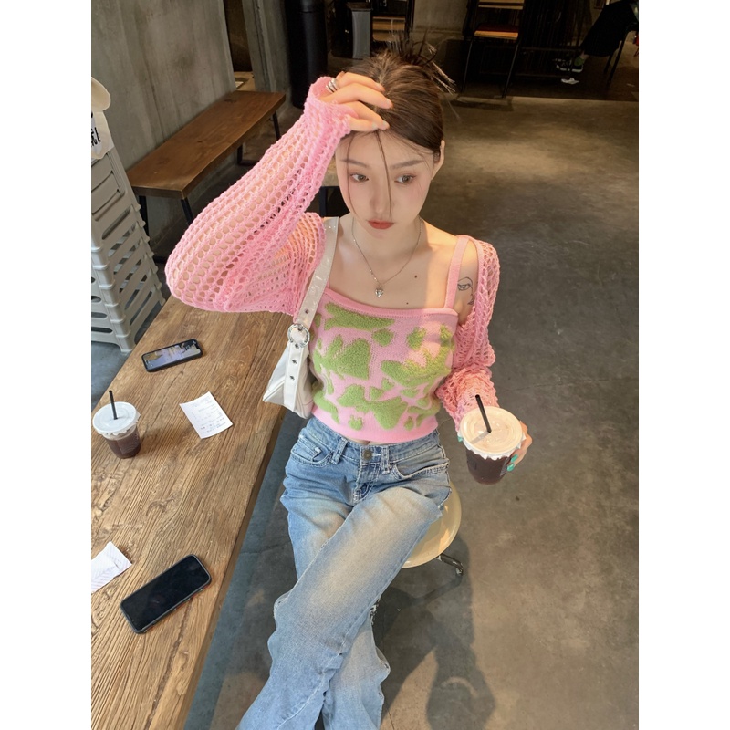 Hàng Mới Nhất Áo cardigan Dệt Kim Mỏng + Áo Hai Dây Dáng Ngắn Cho Nữ