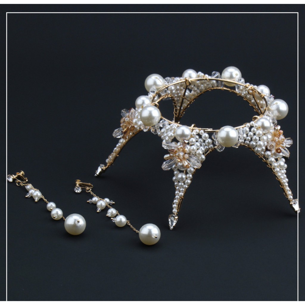 Vương miện cô dâu toàn hạt trai kèm bông tai SP220564