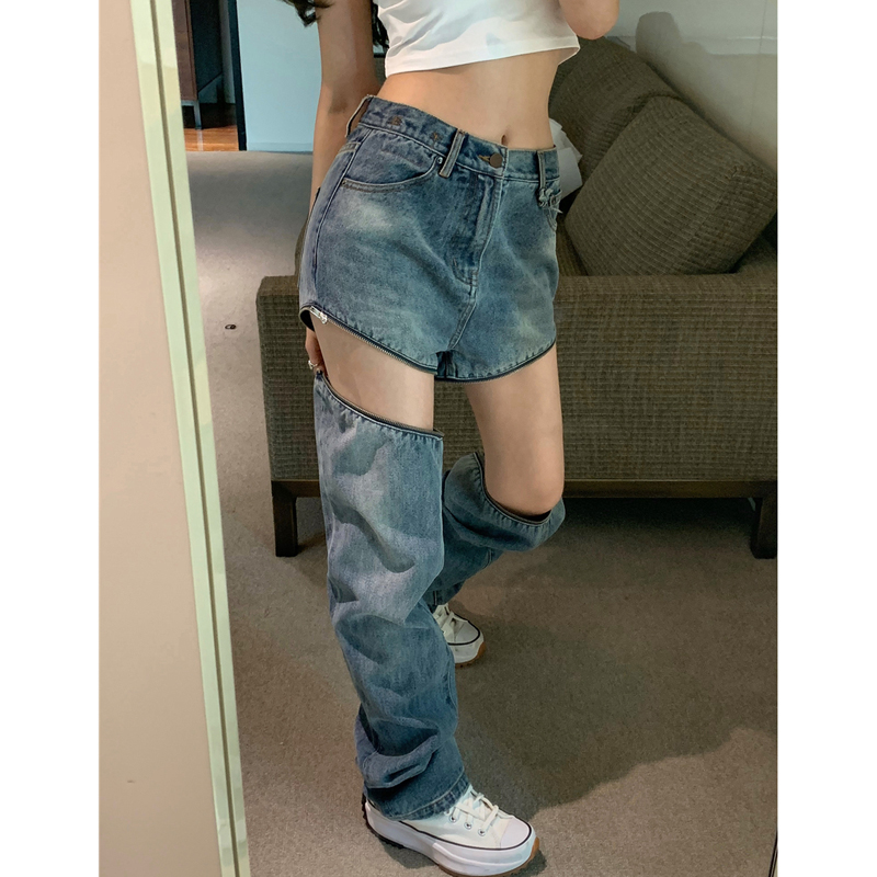 DUNEA Quần denim lưng cao ống rộng phối khóa kéo phong cách retro cá tính cho nữ