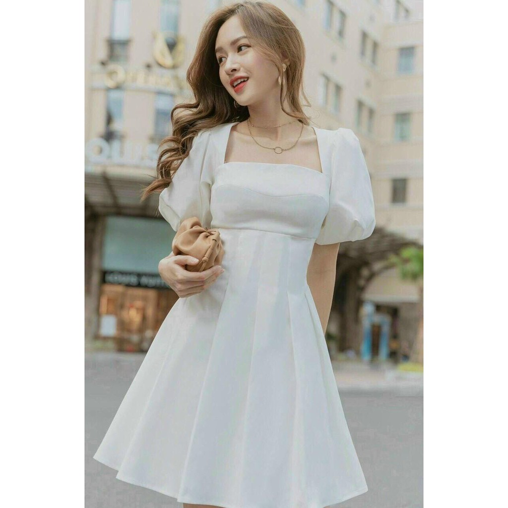 Đầm chít eo tay phồng chất kaki hàn sang chảnh 4 màu trắng-kem-xanh-hồng