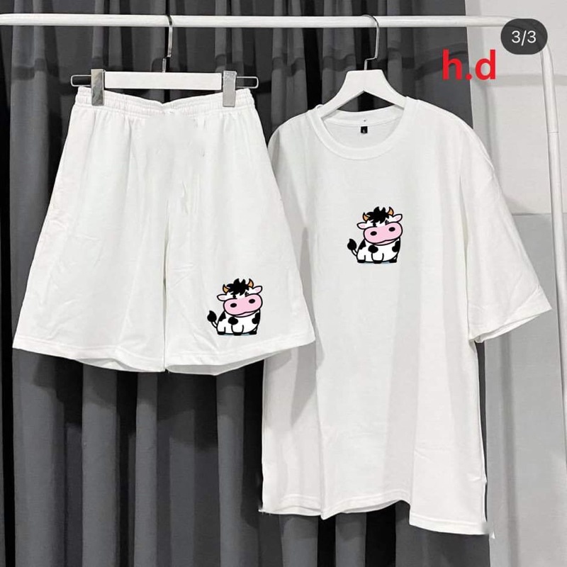 Đồ bộ hoạt hình form rộng Unisex Bò Sữa, Việt Nam, Cô gái,Chữ Kute + QUẦN Short♥️FreesizeSét trang phục thể thao Unisex