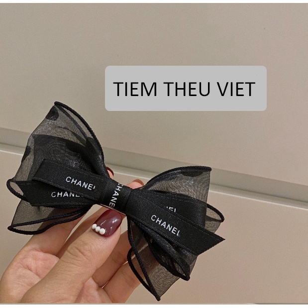 Nơ Kẹp Tóc Tiệm Thêu Việt Phối Ruy Băng In Chữ