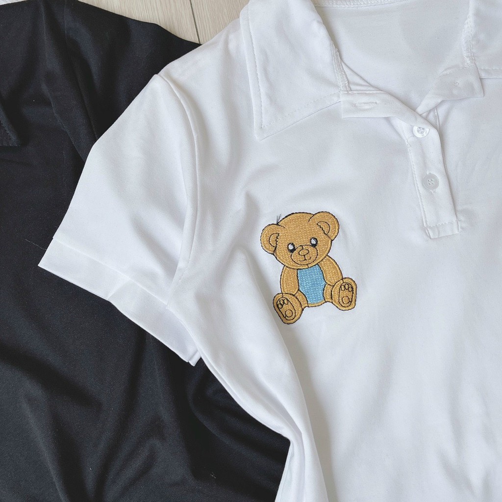 Đầm thêu gấu, đầm polo thêu gấu xinh body tay ngắn cổ bẻ, đầm đi chơi ngắn ôm