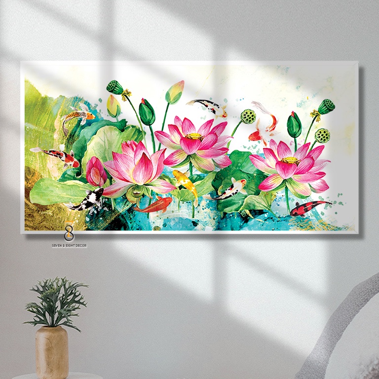 Tranh Canvas | Sen Hồng Và Đàn Cá | 1FHLOTU002 | Tranh Căng Khung Cao Cấp - Tặng Kèm Đinh Đa Năng