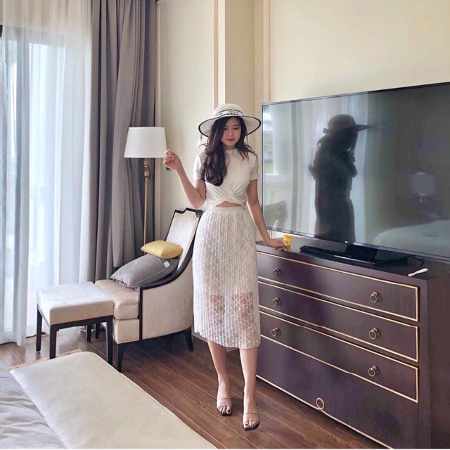 Chân váy ren hoa dập li lace skirt tiểu thư mimee