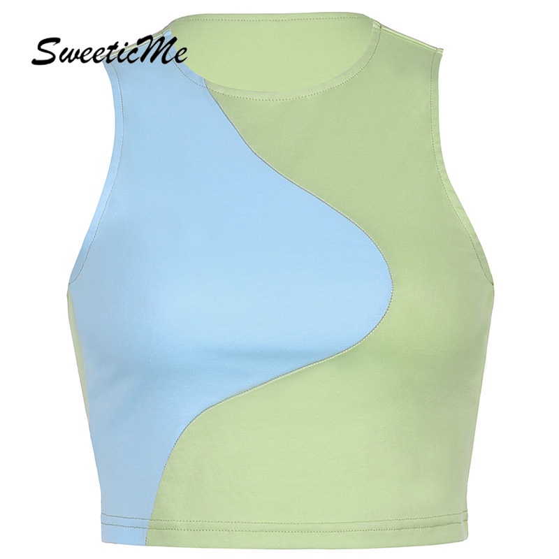 Áo Không Tay Sweeticme Cổ Tròn Phối Màu Tương Phản Mới Cho Nữ 2021