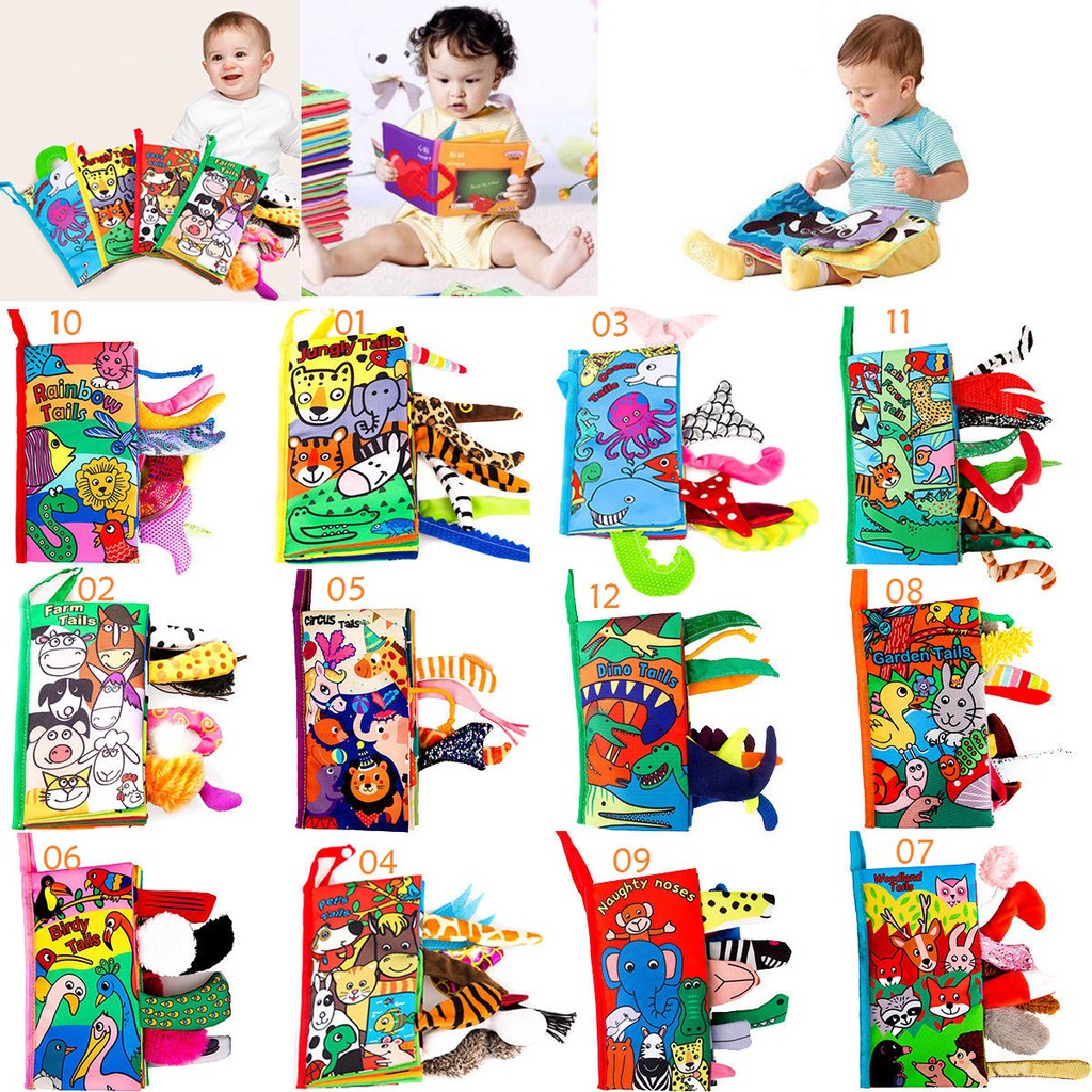 Sách tranh có các đuôi động vật 3D bằng vải mềm bằng tiếng Anh cho trẻ em